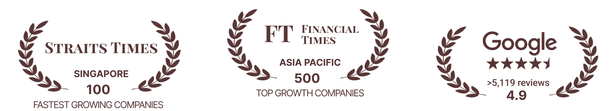 Awards: Straits Times Singapore 100 Fastest Growing Companies, Financial Times Asia Pacific 500 Top Growth Companies, Google rating 4.9 from over 5,119 reviews