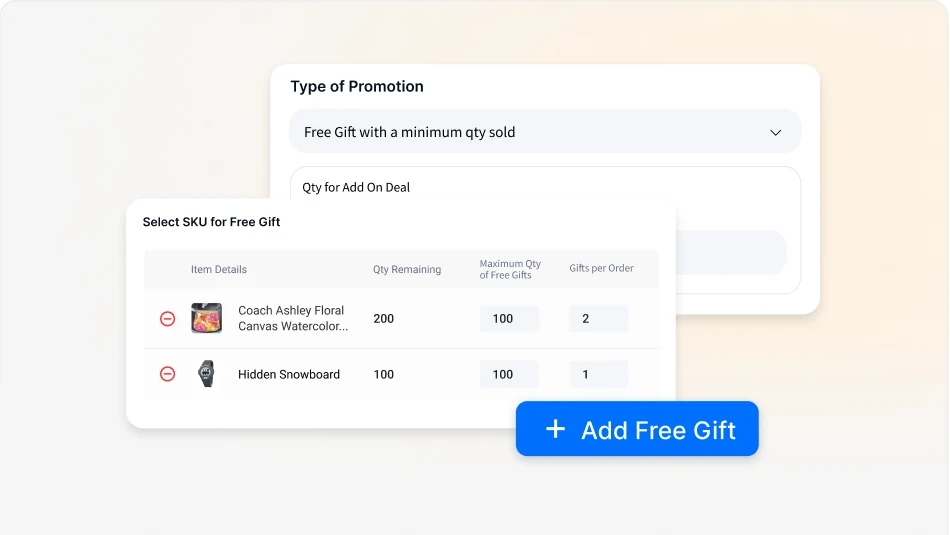 Free gift promotion setup with SKU selection and an Add Free Gift button