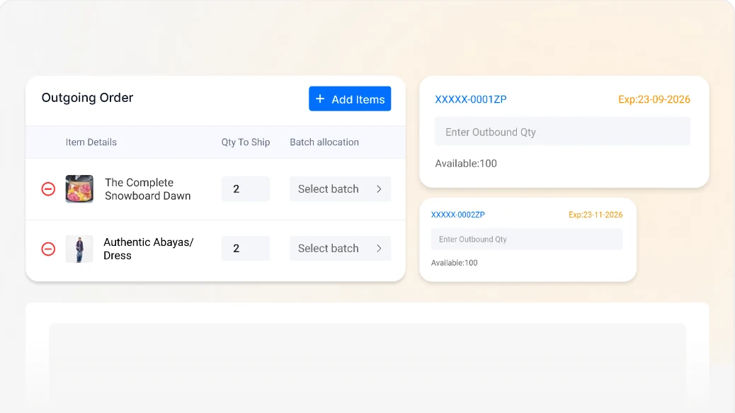 Outgoing order with batch allocation showing stock expiry dates