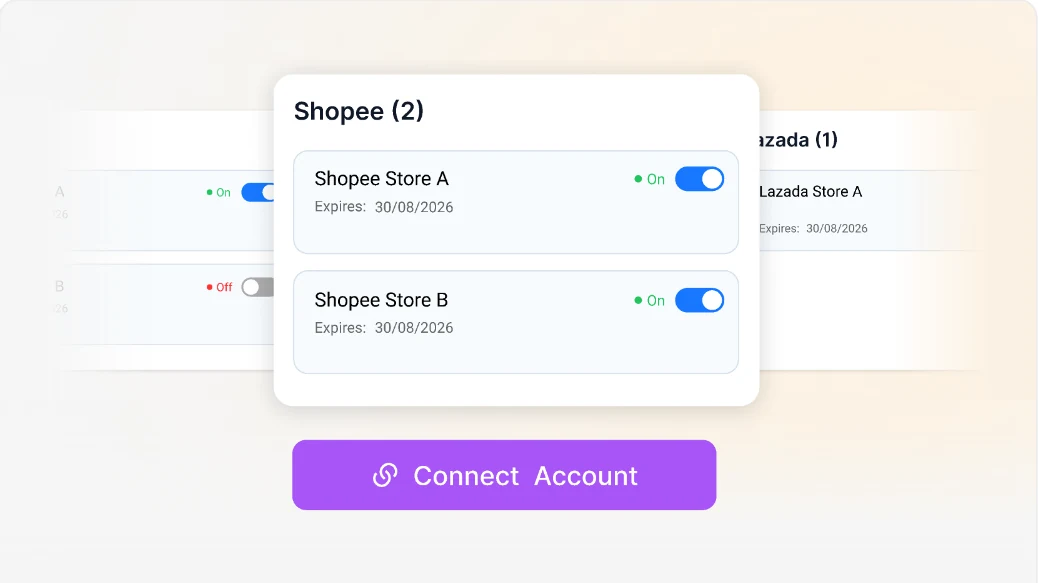 Connected Shopee and Lazada stores with a Connect Account button